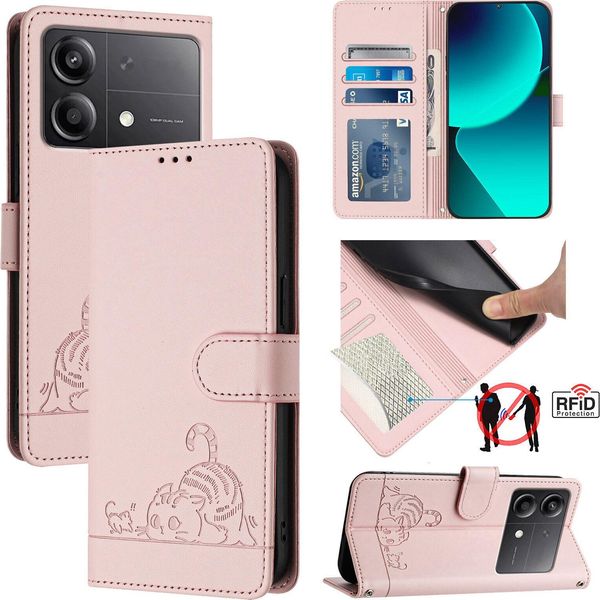 Custodia In Pelle Per Xiaomi Poco X6 Neo, Dolce Gatto Custodia Flip Con Funzione Stand E Portafoglio Rosa-image