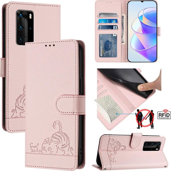 Custodia In Pelle Per Huawei P40 Pro, Dolce Gatto Custodia Flip Con Funzione Stand E Portafoglio Rosa-image
