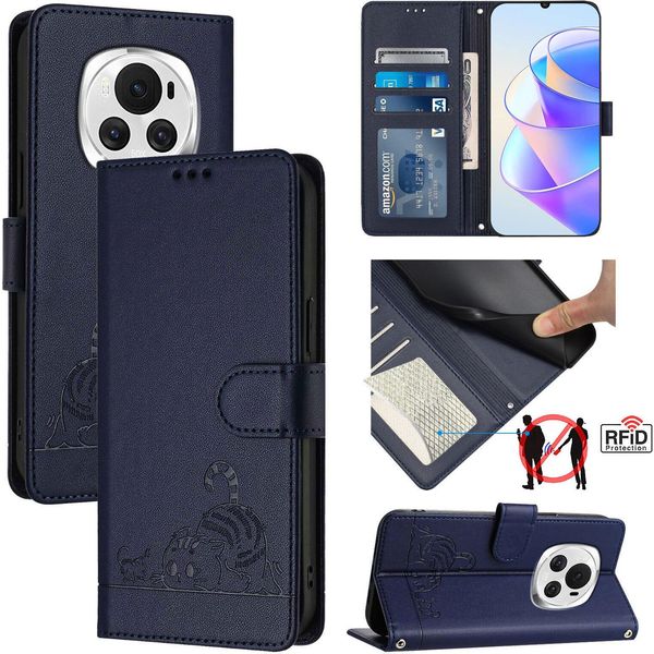 Custodia In Pelle Per Honor Magic6, Dolce Gatto Custodia Flip Con Funzione Stand E Portafoglio Blu-image
