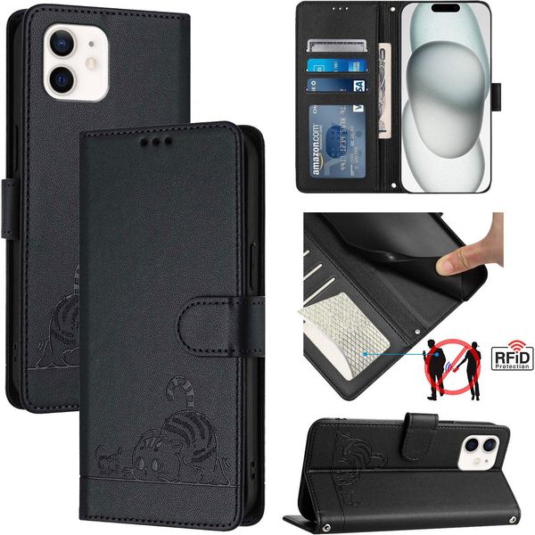Custodia In Pelle Per Iphone 11, Dolce Gatto Custodia Flip Con Funzione Stand E Portafoglio Nero-image