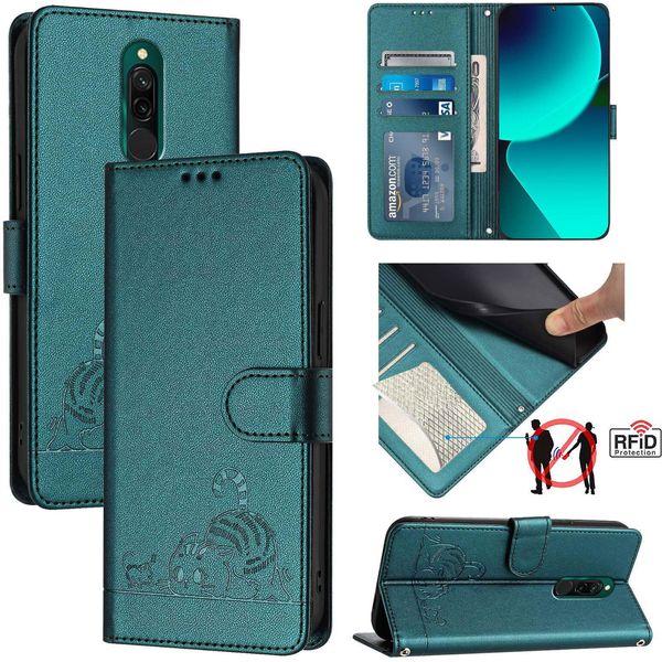 Custodia In Pelle Per Xiaomi Redmi 8, Dolce Gatto Custodia Flip Con Funzione Stand E Portafoglio Verde-image