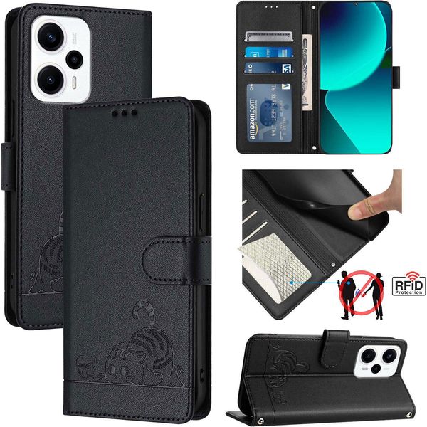 Custodia In Pelle Per Xiaomi Poco X4 Gt, Dolce Gatto Custodia Flip Con Funzione Stand E Portafoglio Nero-image