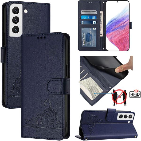 Custodia In Pelle Per Samsung Galaxy S22 5G, Dolce Gatto Custodia Flip Con Funzione Stand E Portafoglio Blu-image