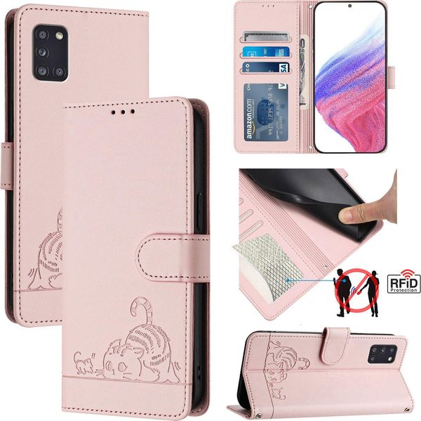 Custodia In Pelle Per Samsung Galaxy A31, Dolce Gatto Custodia Flip Con Funzione Stand E Portafoglio Rosa-image