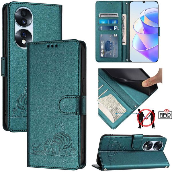 Custodia In Pelle Per Honor 70 Pro, Dolce Gatto Custodia Flip Con Funzione Stand E Portafoglio Verde-image