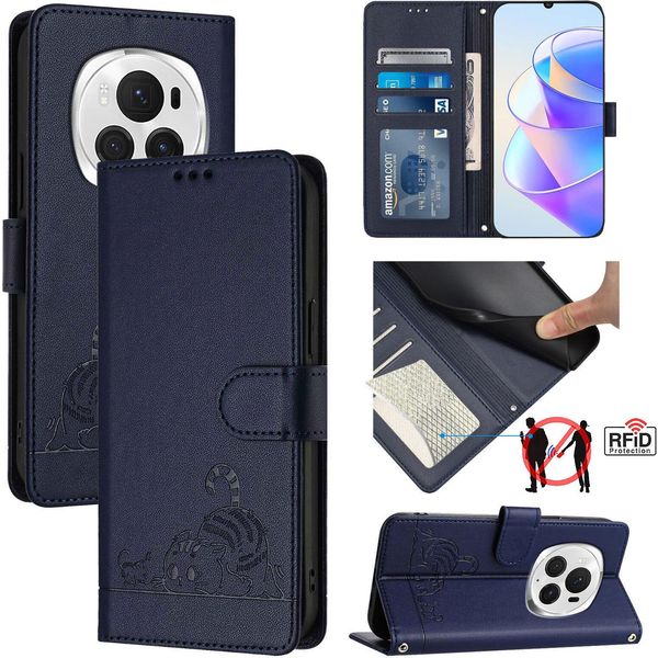 Custodia In Pelle Per Honor Magic6 Pro, Dolce Gatto Custodia Flip Con Funzione Stand E Portafoglio Blu-image
