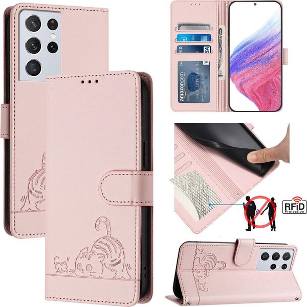 Custodia In Pelle Per Samsung Galaxy S21 Ultra 5G, Dolce Gatto Custodia Flip Con Funzione Stand E Portafoglio Rosa-image