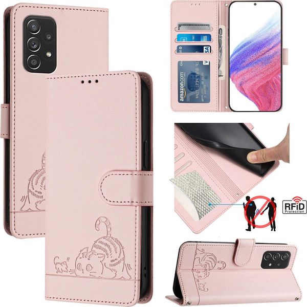 Custodia In Pelle Per Samsung Galaxy A52 / A52 5G / A52S 5G, Dolce Gatto Custodia Flip Con Funzione Stand E Portafoglio Rosa-image