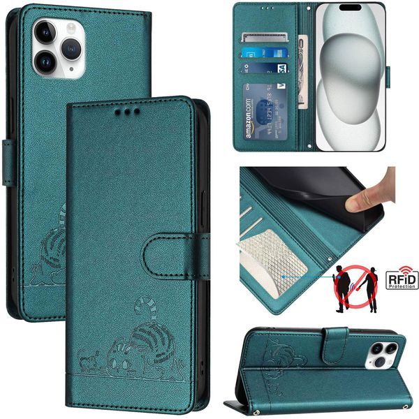 Custodia In Pelle Per Iphone 11 Pro, Dolce Gatto Custodia Flip Con Funzione Stand E Portafoglio Verde-image