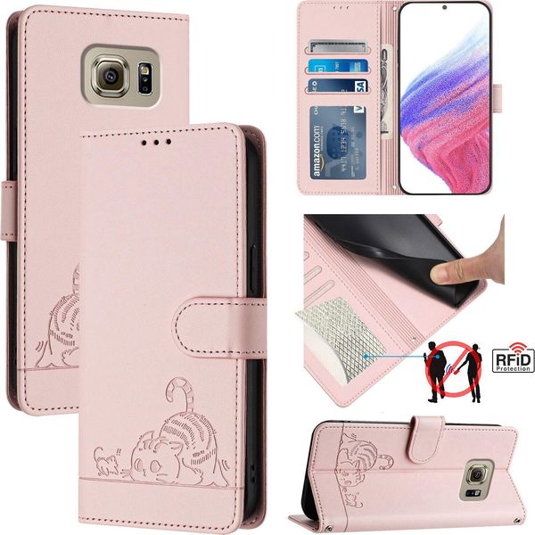 Custodia In Pelle Per Samsung Galaxy S6, Dolce Gatto Custodia Flip Con Funzione Stand E Portafoglio Rosa-image