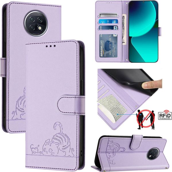 Custodia In Pelle Per Xiaomi Redmi Note 9T, Dolce Gatto Custodia Flip Con Funzione Stand E Portafoglio Viola-image