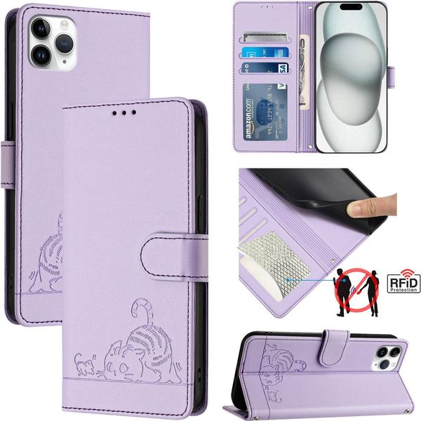 Custodia In Pelle Per Iphone 11 Pro Max, Dolce Gatto Custodia Flip Con Funzione Stand E Portafoglio Viola-image