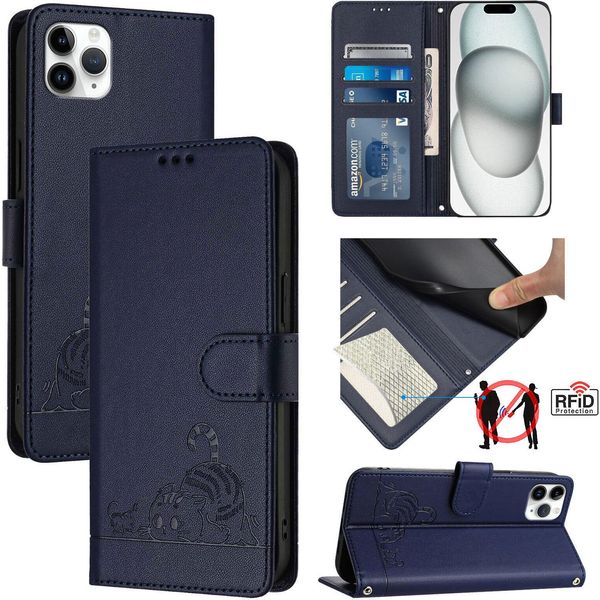 Custodia In Pelle Per Iphone 11 Pro Max, Dolce Gatto Custodia Flip Con Funzione Stand E Portafoglio Blu-image