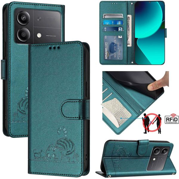 Custodia In Pelle Per Xiaomi Poco X6 Neo, Dolce Gatto Custodia Flip Con Funzione Stand E Portafoglio Verde-image