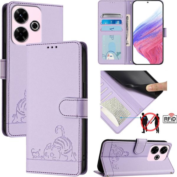 Custodia In Pelle Per Xiaomi Redmi 13 / Note 13R, Dolce Gatto Flip Case Con Funzione Stand E Portafoglio Viola-image