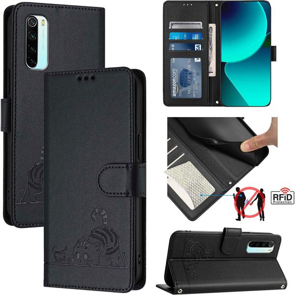 Custodia In Pelle Per Xiaomi Redmi Note 8, Dolce Gatto Flip Case Con Funzione Stand E Portafoglio Nero-image