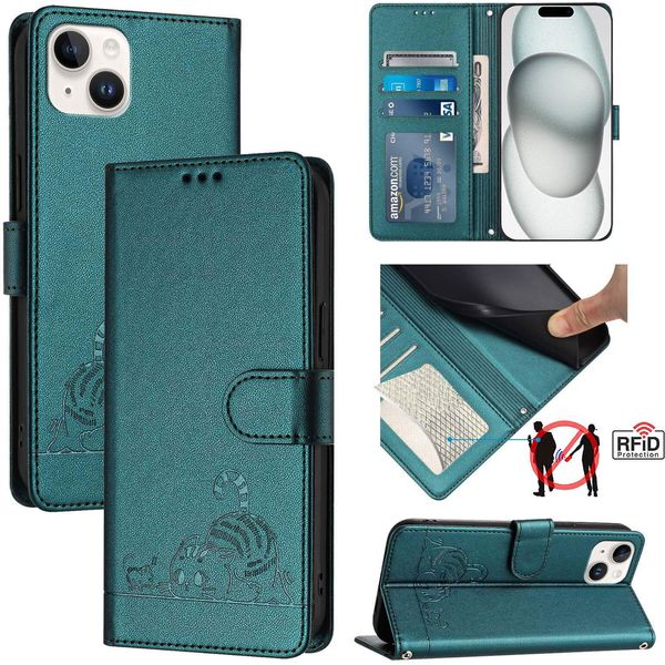 Custodia In Pelle Per Iphone 14 Plus, Dolce Gatto Custodia Flip Con Funzione Stand E Portafoglio Verde-image