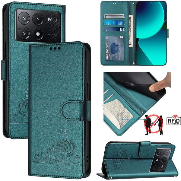 Custodia In Pelle Per Xiaomi Poco X6 Pro/Redmi K70E, Dolce Gatto Flip Case Con Funzione Stand E Portafoglio Verde-image