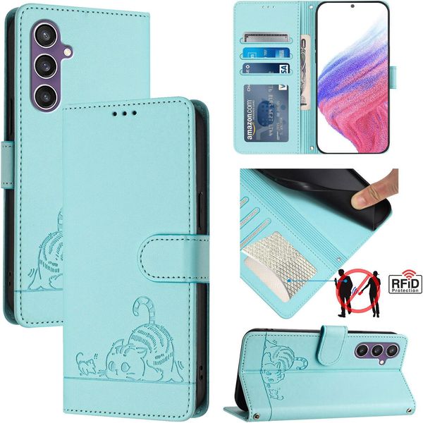 Custodia In Pelle Per Samsung Galaxy S23 Fe, Dolce Gatto Custodia Flip Con Funzione Stand E Portafoglio Verde Chiaro-image
