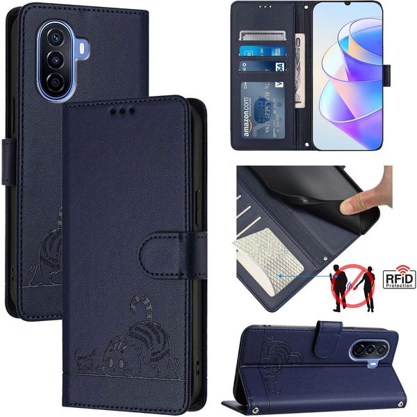 Custodia In Pelle Per Huawei Nova Y70 Plus, Dolce Gatto Custodia Flip Con Funzione Stand E Portafoglio Blu-image