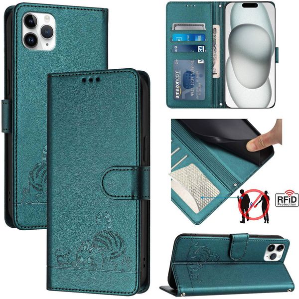 Custodia In Pelle Per Iphone 11 Pro Max, Dolce Gatto Custodia Flip Con Funzione Stand E Portafoglio Verde-image