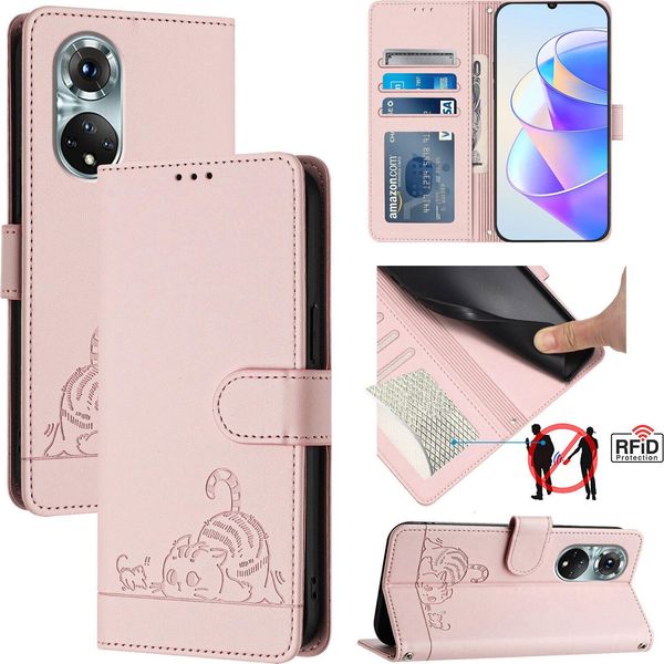 Custodia In Pelle Per Huawei Nova 9/Honor 50, Dolce Gatto Custodia Flip Con Funzione Stand E Portafoglio Rosa-image
