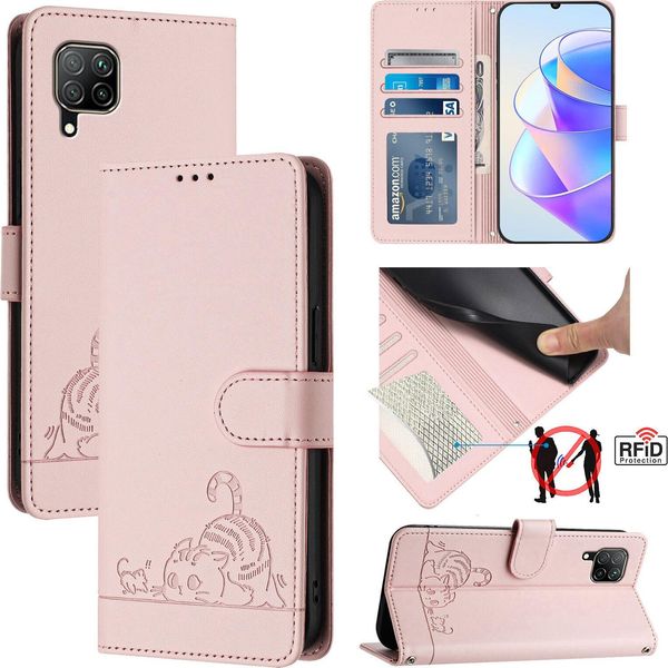 Custodia In Pelle Per Huawei P40 Lite 4G/Nova 6SE, Dolce Gatto Custodia Flip Con Funzione Stand E Portafoglio Rosa-image
