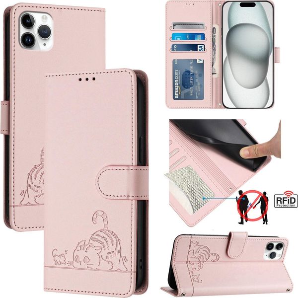 Custodia In Pelle Per Iphone 11 Pro Max, Dolce Gatto Custodia Flip Con Funzione Stand E Portafoglio Rosa-image