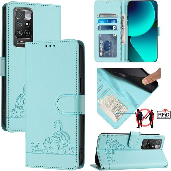 Custodia In Pelle Per Xiaomi Redmi 10, Dolce Gatto Custodia Flip Con Funzione Stand E Portafoglio Verde Chiaro-image