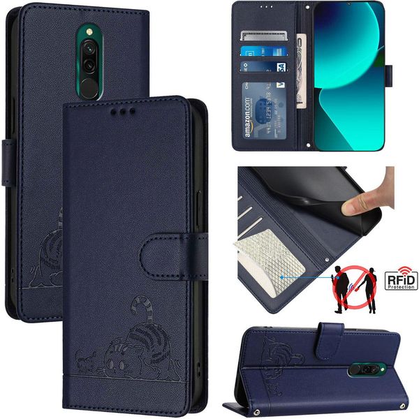 Custodia In Pelle Per Xiaomi Redmi 8, Dolce Gatto Custodia Flip Con Funzione Stand E Portafoglio Blu-image