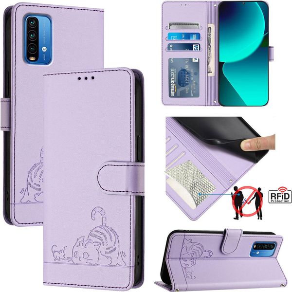 Custodia In Pelle Per Xiaomi Redmi Note 9 4G, Dolce Gatto Custodia Flip Con Funzione Stand E Portafoglio Viola-image