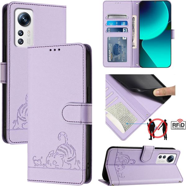 Custodia In Pelle Per Xiaomi 12/Xiaomi 12X/Xiaomi 12S, Dolce Gatto Flip Case Con Funzione Stand E Portafoglio Viola-image