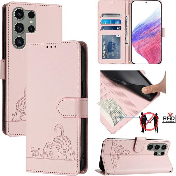 Custodia In Pelle Per Samsung Galaxy S23 Ultra, Dolce Gatto Custodia Flip Con Funzione Stand E Portafoglio Rosa-image