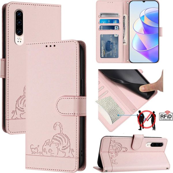 Custodia In Pelle Per Huawei P30, Dolce Gatto Custodia Flip Con Funzione Stand E Portafoglio Rosa-image