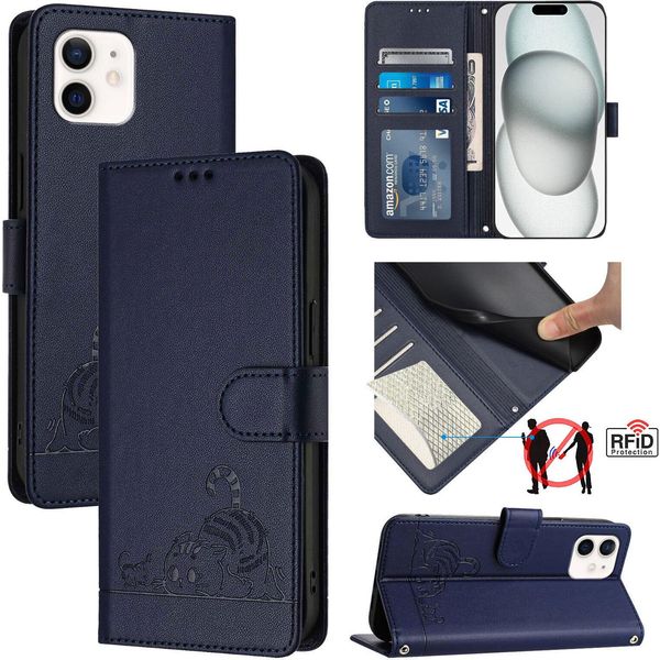 Custodia In Pelle Per Iphone 12 Mini, Dolce Gatto Custodia Flip Con Funzione Stand E Portafoglio Blu-image