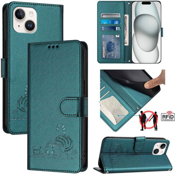 Custodia In Pelle Per Iphone 13 Mini, Dolce Gatto Custodia Flip Con Funzione Stand E Portafoglio Verde-image
