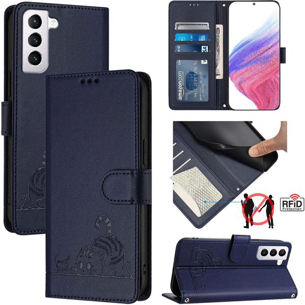 Custodia In Pelle Per Samsung Galaxy S21 5G, Dolce Gatto Custodia Flip Con Funzione Stand E Portafoglio Blu-image