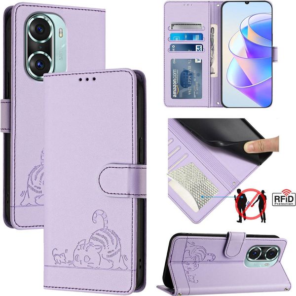 Custodia In Pelle Per Honor 60 Pro, Dolce Gatto Custodia Flip Con Funzione Stand E Portafoglio Viola-image