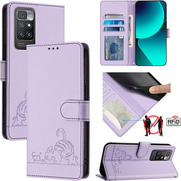 Custodia In Pelle Per Xiaomi Redmi 10, Dolce Gatto Custodia Flip Con Funzione Stand E Portafoglio Viola-image