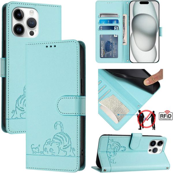 Custodia In Pelle Per Iphone 15 Pro Max, Dolce Gatto Custodia Flip Con Funzione Stand E Portafoglio Verde Chiaro-image