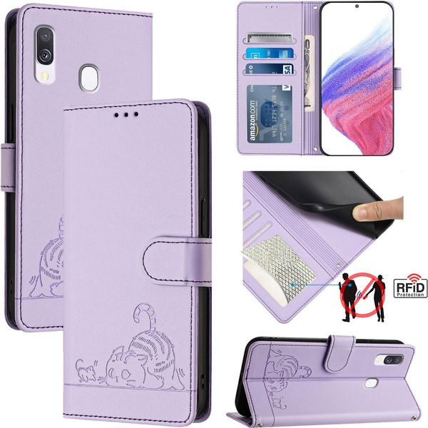 Custodia In Pelle Per Samsung Galaxy A40, Dolce Gatto Custodia Flip Con Funzione Stand E Portafoglio Viola-image