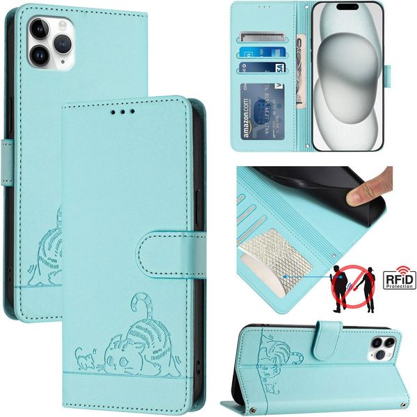 Custodia In Pelle Per Iphone 11 Pro Max, Dolce Gatto Custodia Flip Con Funzione Stand E Portafoglio Verde Chiaro-image