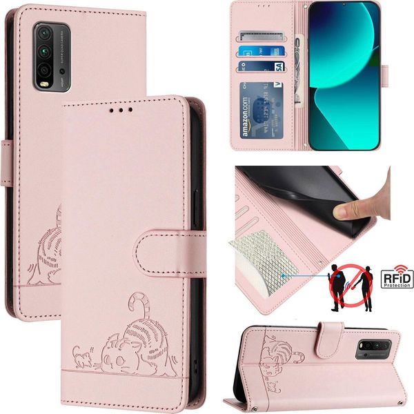 Custodia In Pelle Per Xiaomi Poco M3 /Redmi 9T, Dolce Gatto Flip Case Con Funzione Stand E Portafoglio Rosa-image