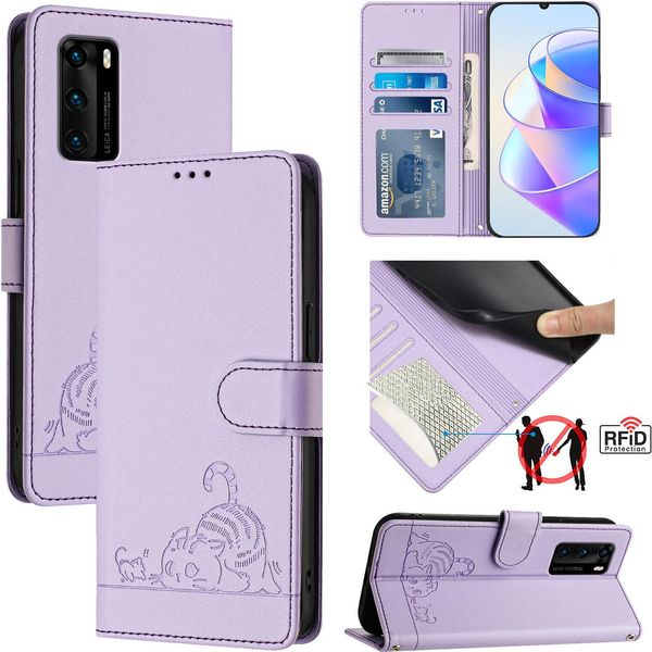 Custodia In Pelle Per Huawei P40, Dolce Gatto Custodia Flip Con Funzione Stand E Portafoglio Viola-image