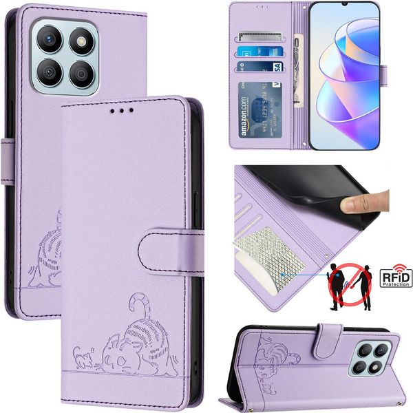Custodia In Pelle Per Honor X6A, Dolce Gatto Custodia Flip Con Funzione Stand E Portafoglio Viola-image