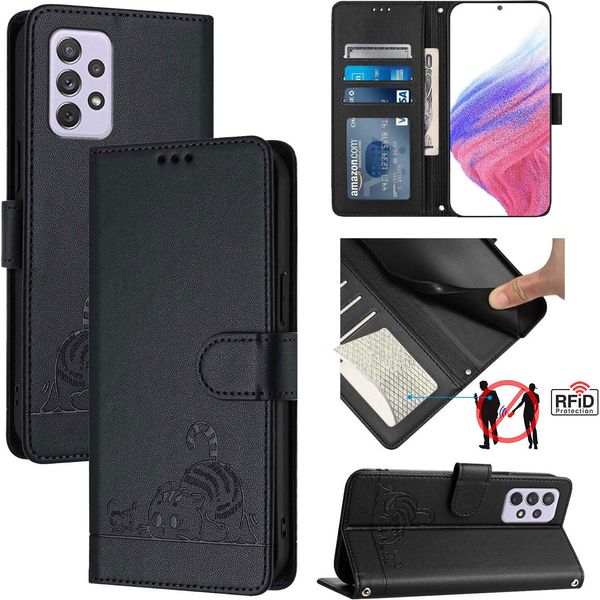 Custodia In Pelle Per Samsung Galaxy A72, Dolce Gatto Custodia Flip Con Funzione Stand E Portafoglio Nero-image
