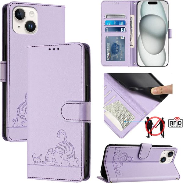 Custodia In Pelle Per Iphone 13 Mini, Dolce Gatto Custodia Flip Con Funzione Stand E Portafoglio Viola-image