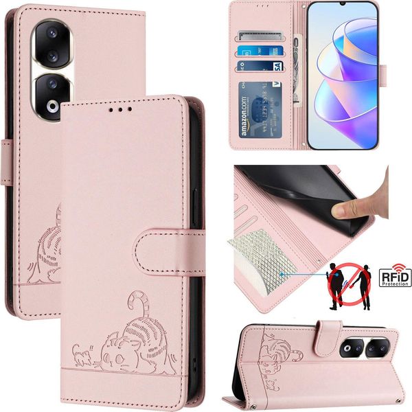 Custodia In Pelle Per Honor 90 Pro, Dolce Gatto Custodia Flip Con Funzione Stand E Portafoglio Rosa-image