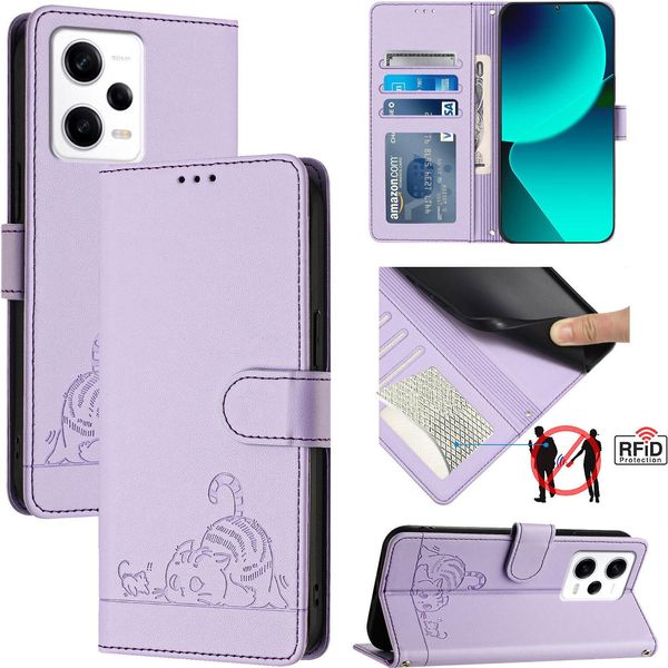 Custodia In Pelle Per Xiaomi Poco X5 Pro/Redmi Note 12 Pro 5G, Dolce Gatto Flip Case Con Funzione Stand E Portafoglio Viola-image