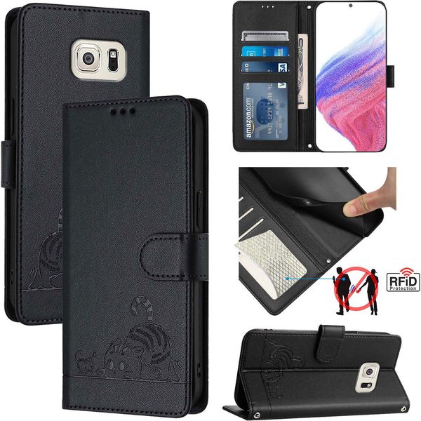 Custodia In Pelle Per Samsung Galaxy S6 Edge, Dolce Gatto Custodia Flip Con Funzione Stand E Portafoglio Nero-image